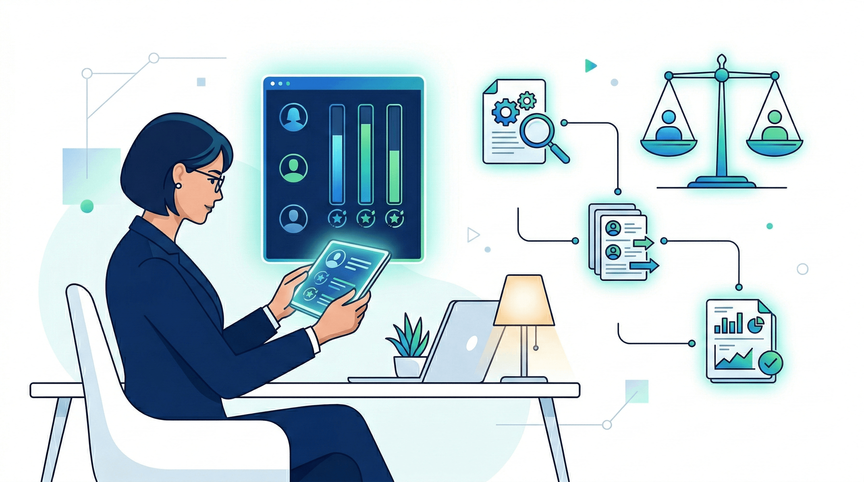 illustration: recruiter reviewing AI-scored candidate report.
